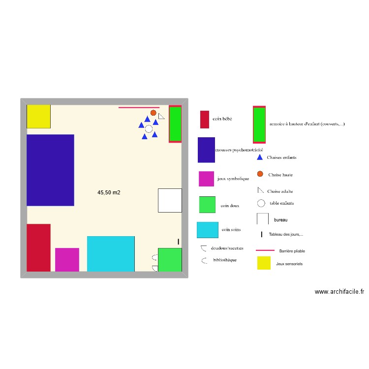 jeux. Plan de 1 pièce et 45 m2