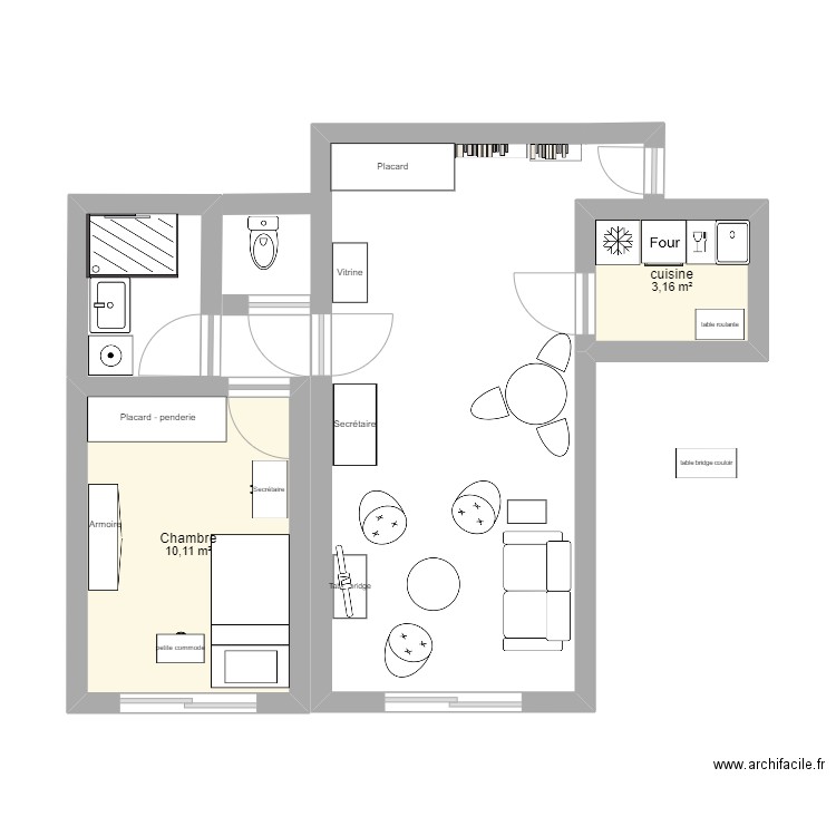 SALON ARCADIE. Plan de 2 pièces et 13 m2