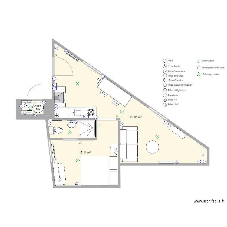 Maldoyenne 1er - elec. Plan de 3 pièces et 34 m2