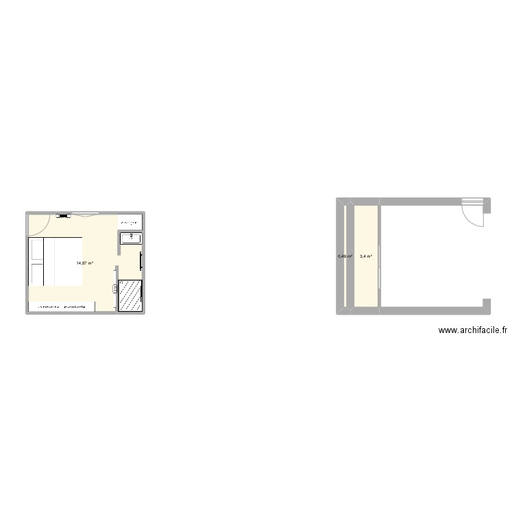 Chambre + buanderie. Plan de 3 pièces et 18 m2