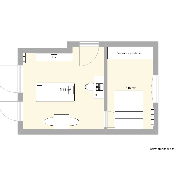 T2 RDC avec travaux porte. Plan de 2 pièces et 25 m2