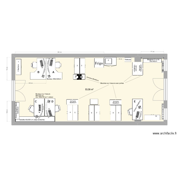 Bureau Implants XL tablette/bureaux. Plan de 1 pièce et 53 m2