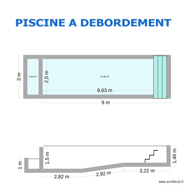 PISCINE A DEBORDEMENT 9 X 3. Plan de 2 pièces et 24 m2