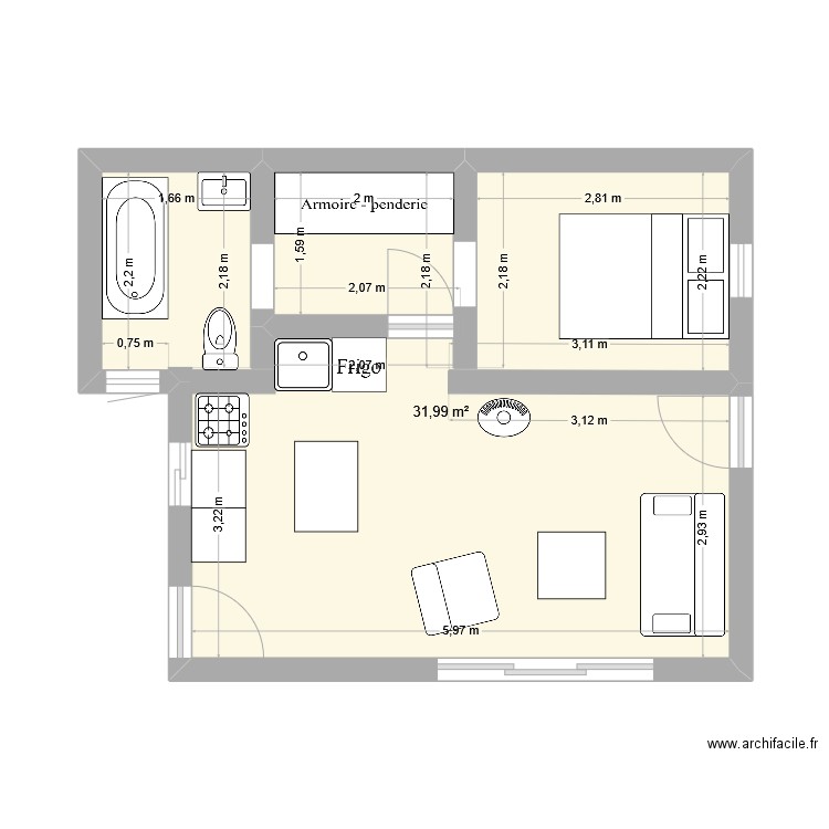 Cabanon 3. Plan de 1 pièce et 32 m2