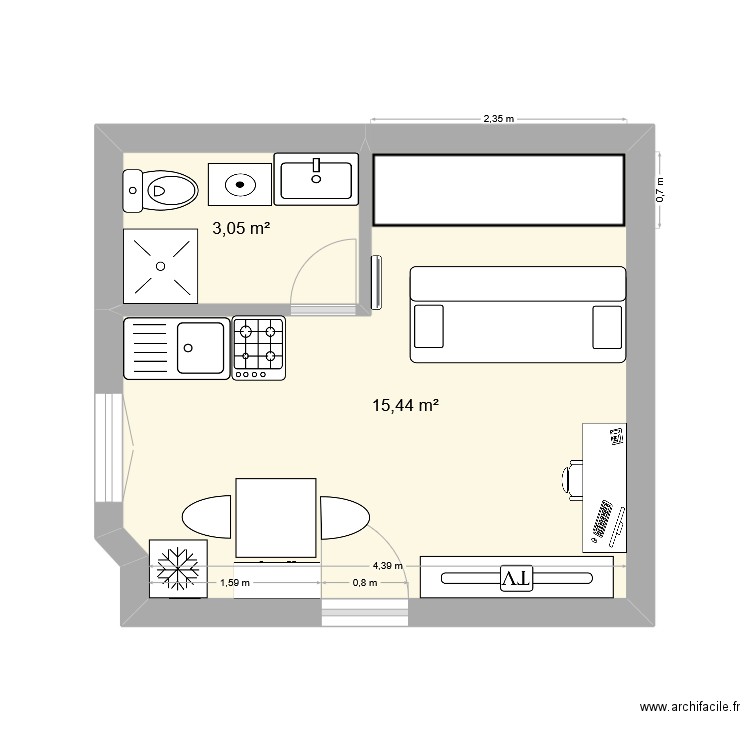 studio. Plan de 2 pièces et 18 m2