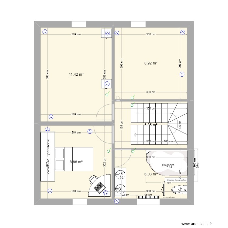 Etage sdb. Plan de 5 pièces et 41 m2