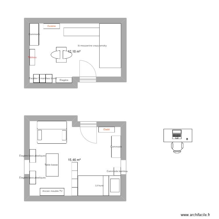 Fresnes - Chambre Emilie. Plan de 2 pièces et 28 m2