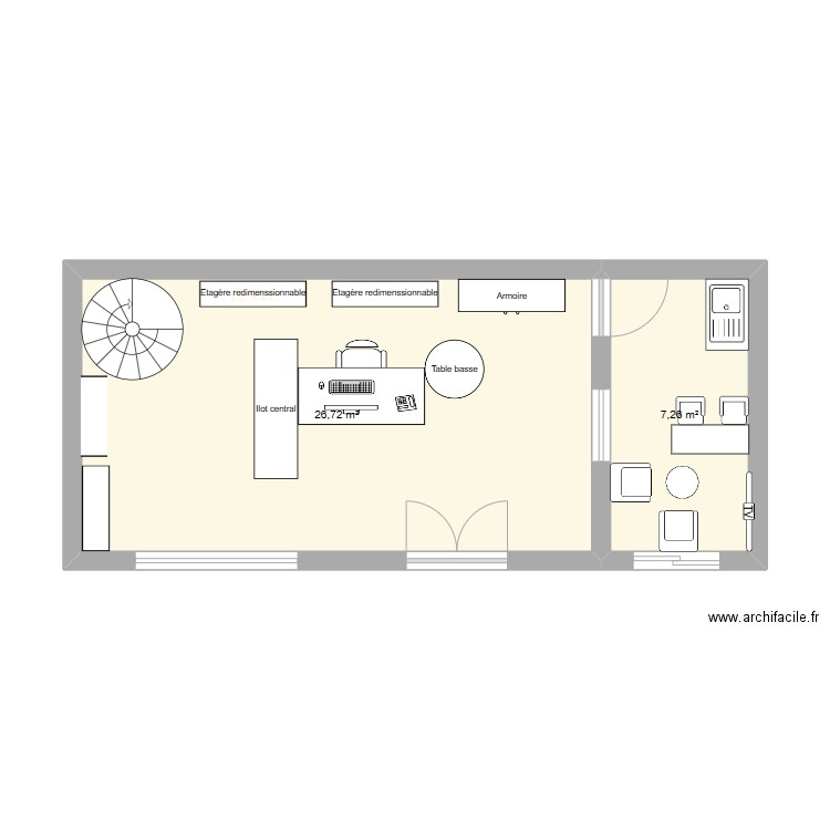 PATISSERIE. Plan de 2 pièces et 34 m2