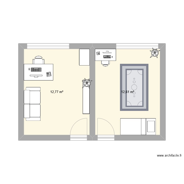 chambres. Plan de 2 pièces et 25 m2