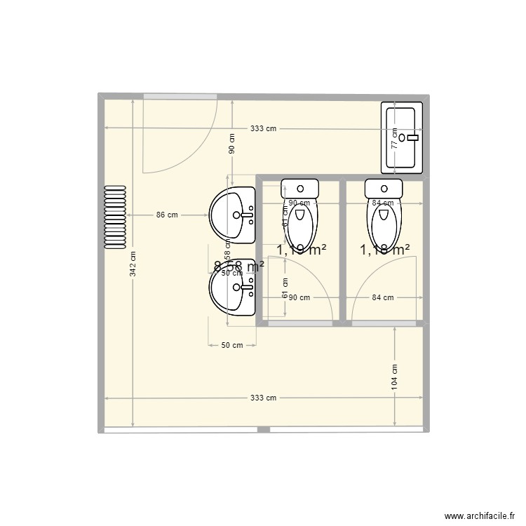 Toilette B.U UT3. Plan de 3 pièces et 11 m2