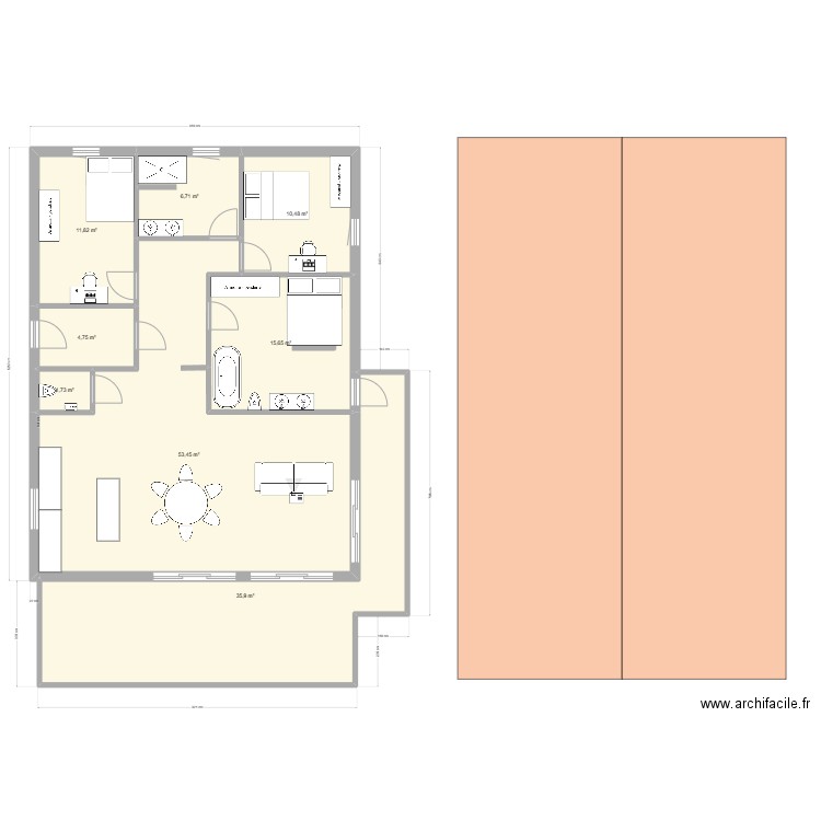 Plan maison en long sur base Tiro. Plan de 8 pièces et 141 m2