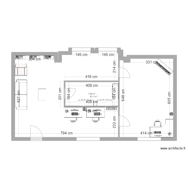 Plan 2D-Projet aménagement Pièce Hangar 0. Plan de 2 pièces et 75 m2