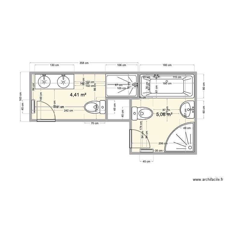 Salle de douche. Plan de 2 pièces et 9 m2