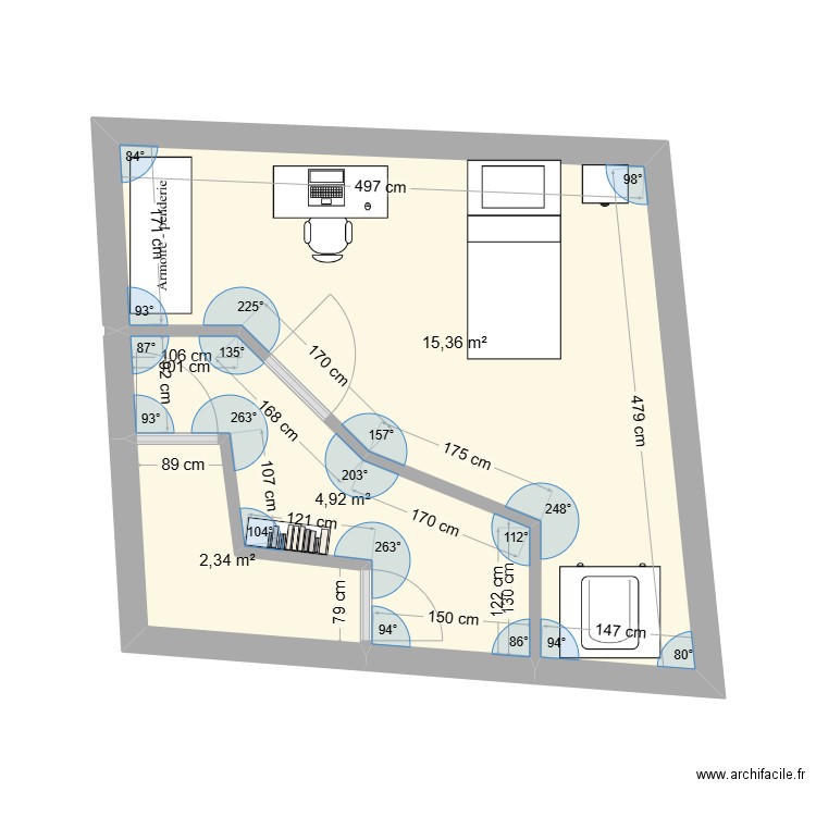 etage Nico. Plan de 3 pièces et 23 m2