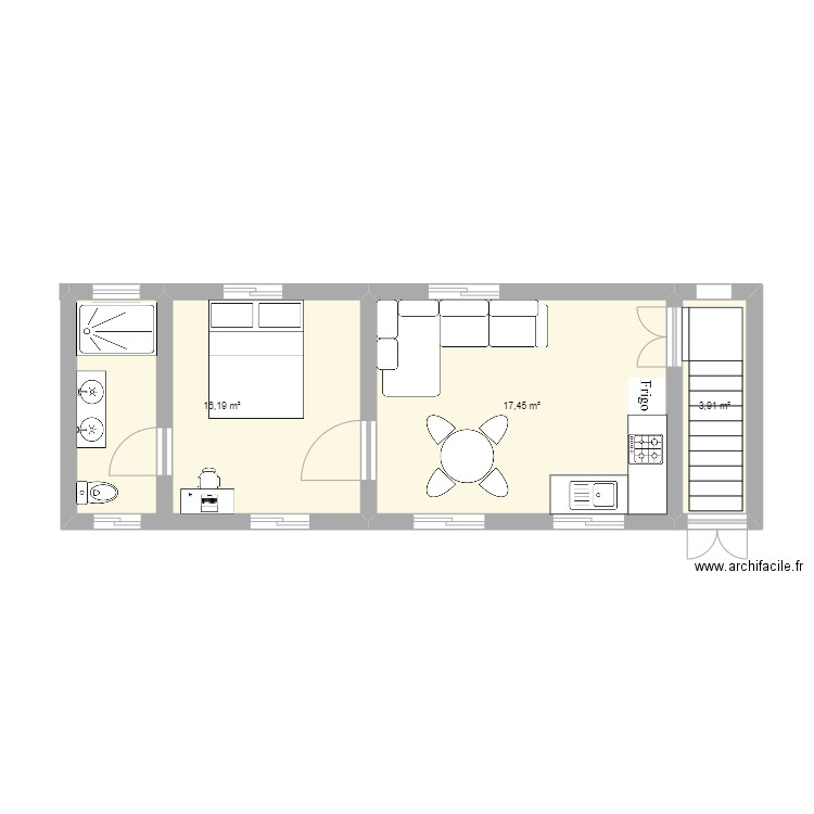 Behenjy Etage. Plan de 3 pièces et 38 m2