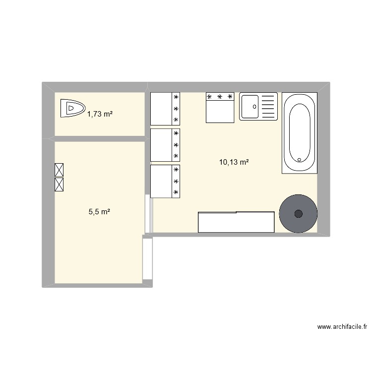 RDC . Plan de 3 pièces et 17 m2