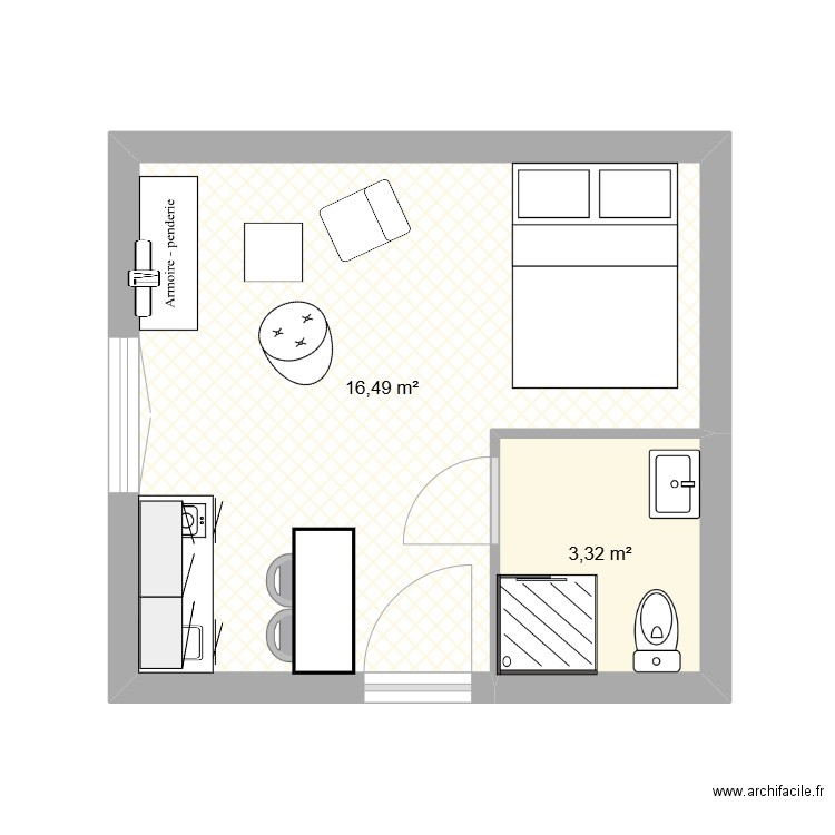 studio. Plan de 2 pièces et 20 m2