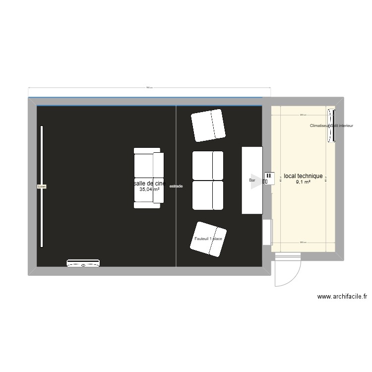 Salle de cinéma perso. Plan de 2 pièces et 44 m2