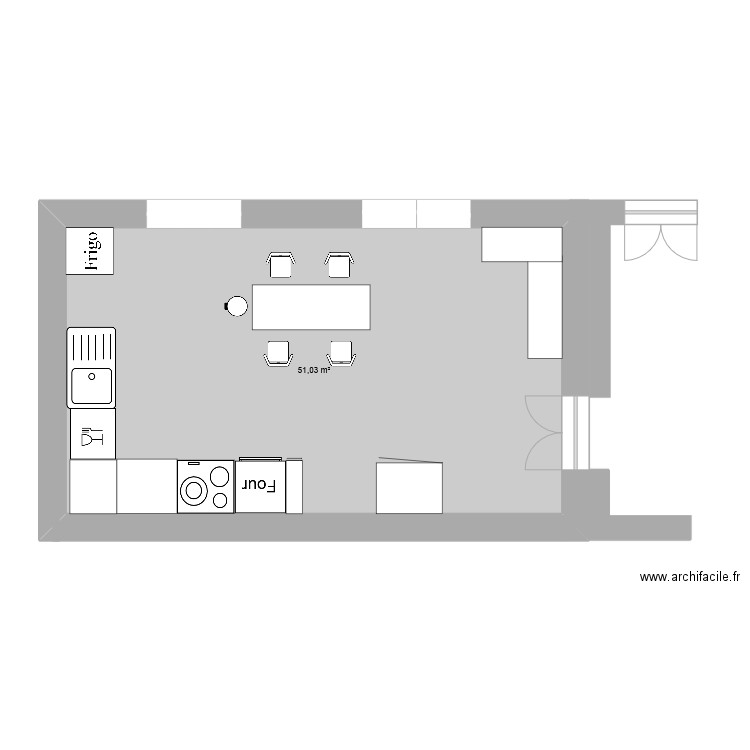 cuisine. Plan de 1 pièce et 51 m2