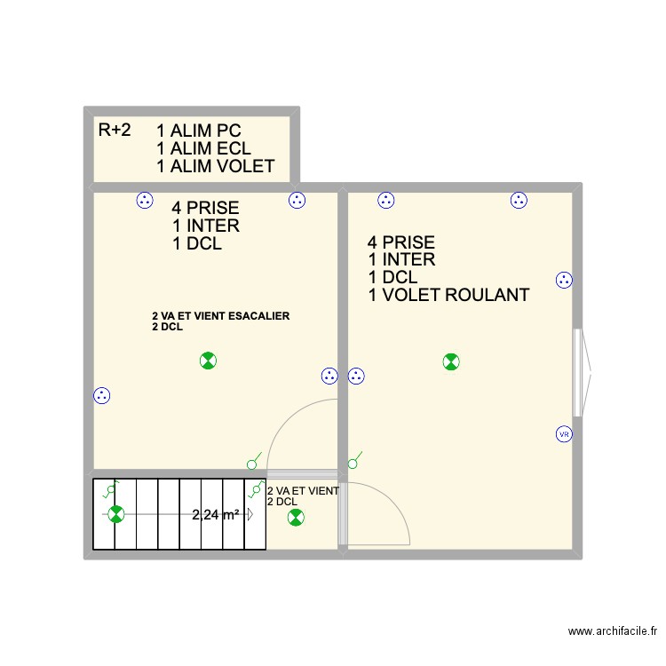 R+2. Plan de 4 pièces et 23 m2