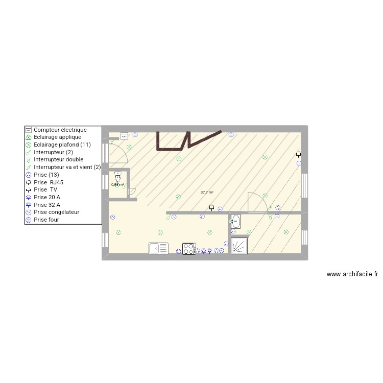 Paris15. Plan de 2 pièces et 39 m2