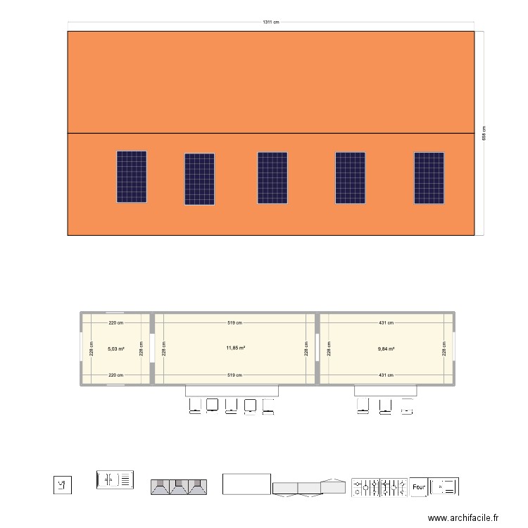 Conteneur restaurant Le QG de la Pépinière . Plan de 3 pièces et 27 m2