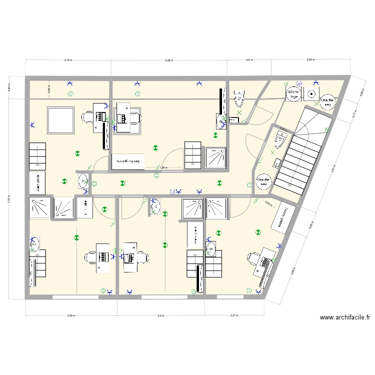 etage avec salles d'eau ELEC 2. Plan de 10 pièces et 76 m2