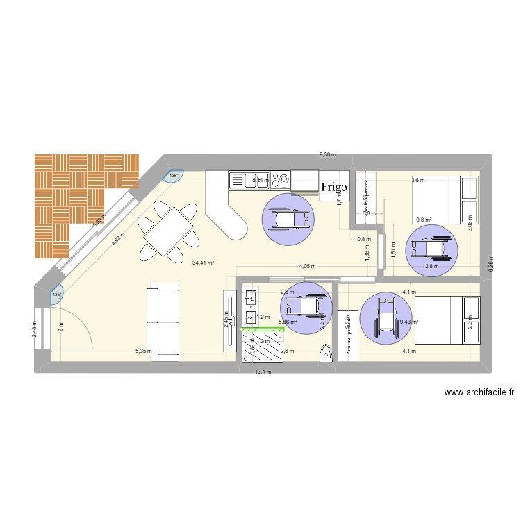 PMR. Plan de 4 pièces et 60 m2