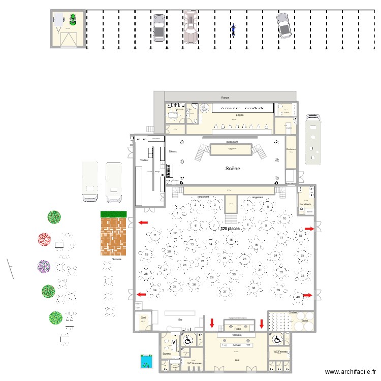 Cabaret 320 places. Plan de 30 pièces et 343 m2