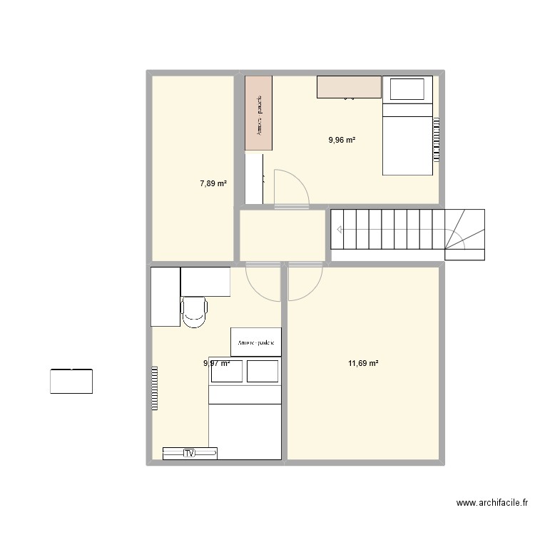 Chambre. Plan de 4 pièces et 40 m2