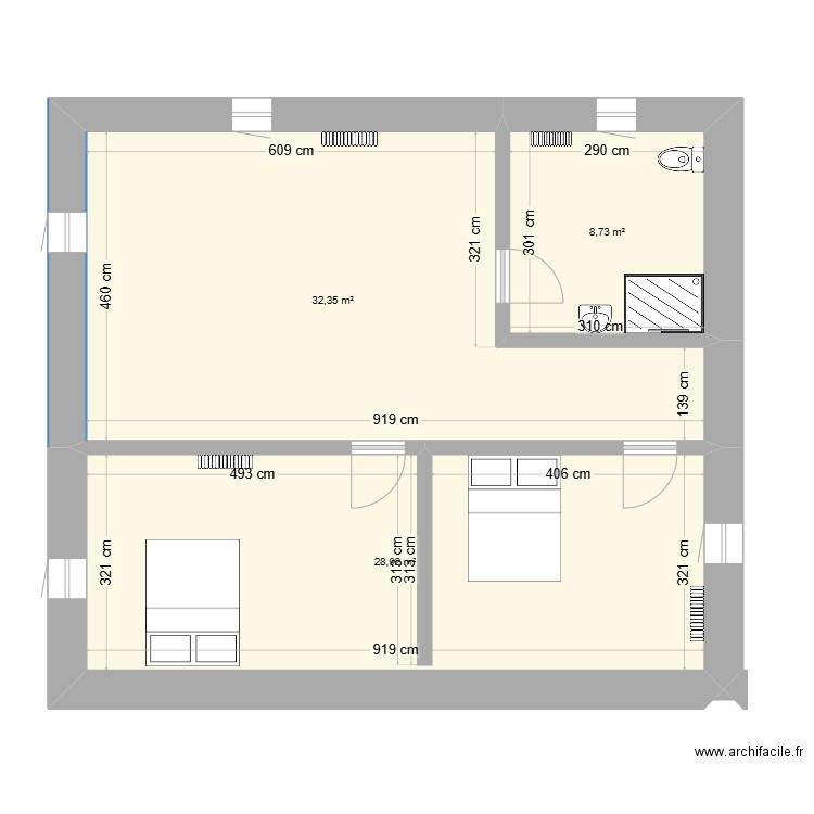 grange moulin et. Plan de 3 pièces et 70 m2