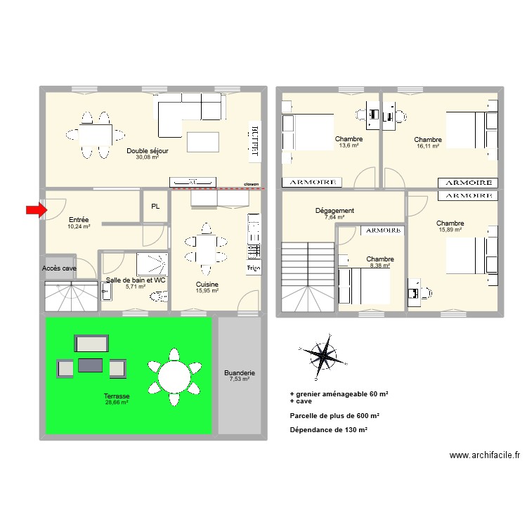 OUADI. Plan de 15 pièces et 169 m2