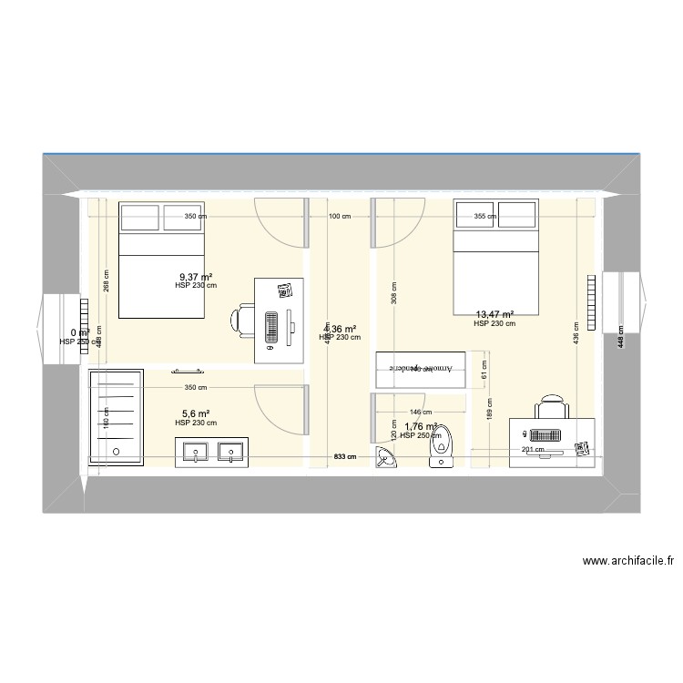 plan R+1 seconde partie. Plan de 7 pièces et 35 m2