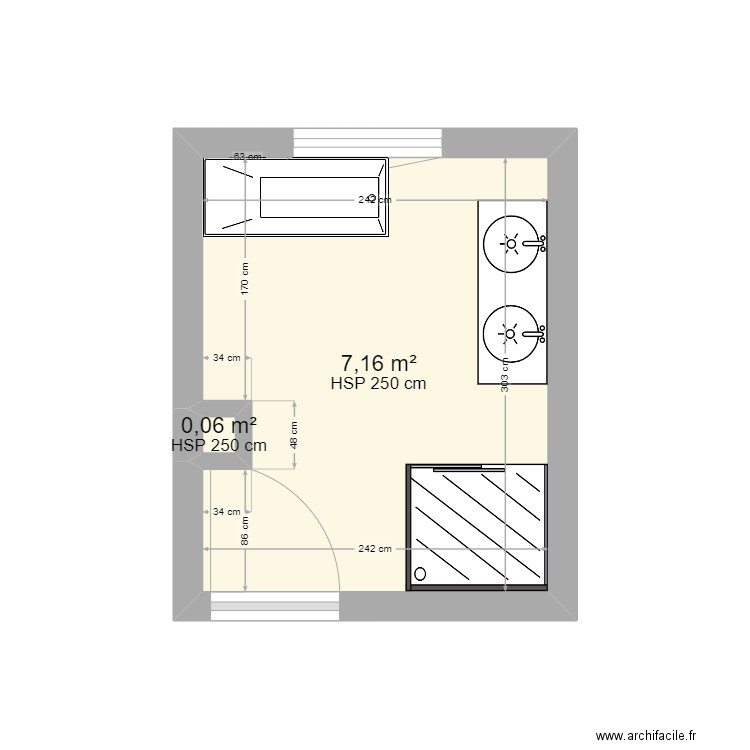 Salle de bain - projet Augustin. Plan de 2 pièces et 7 m2