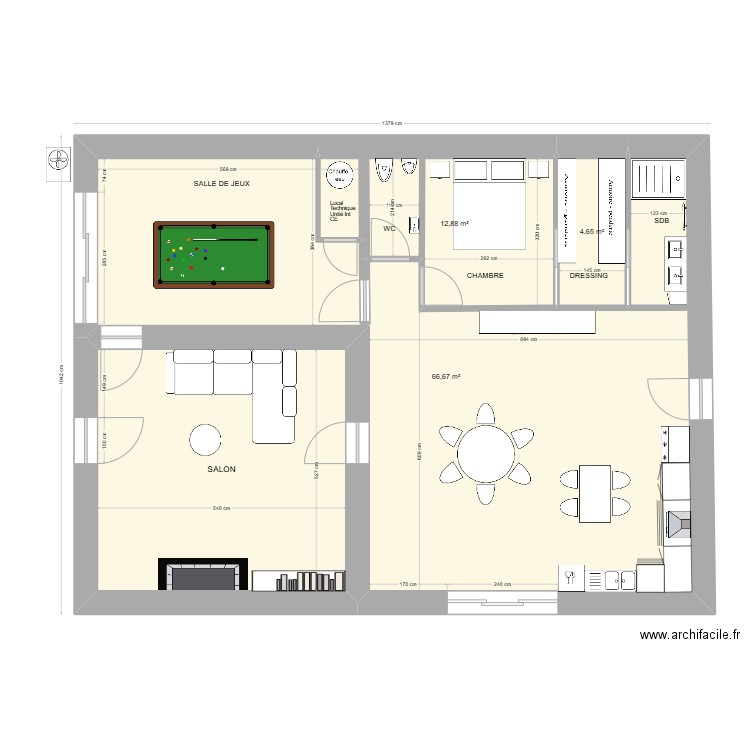 Projection 104 B coté inter-exter + local tech. Plan de 4 pièces et 113 m2