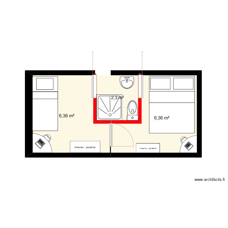 Aménagement chambres étage. Plan de 3 pièces et 15 m2