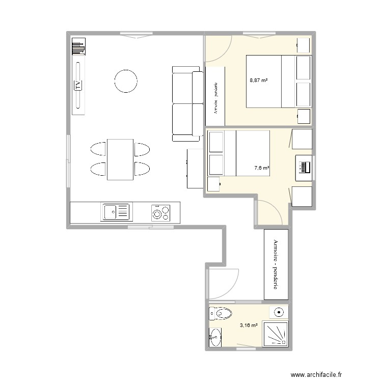 PLAN ENTREE SDB VRAIE CHAMBRE. Plan de 3 pièces et 20 m2