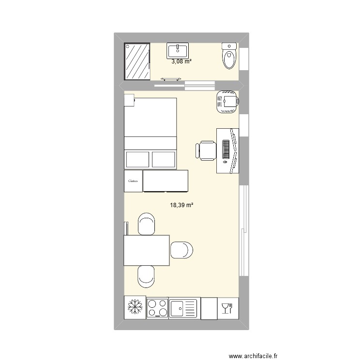 Appart B. Plan de 2 pièces et 21 m2