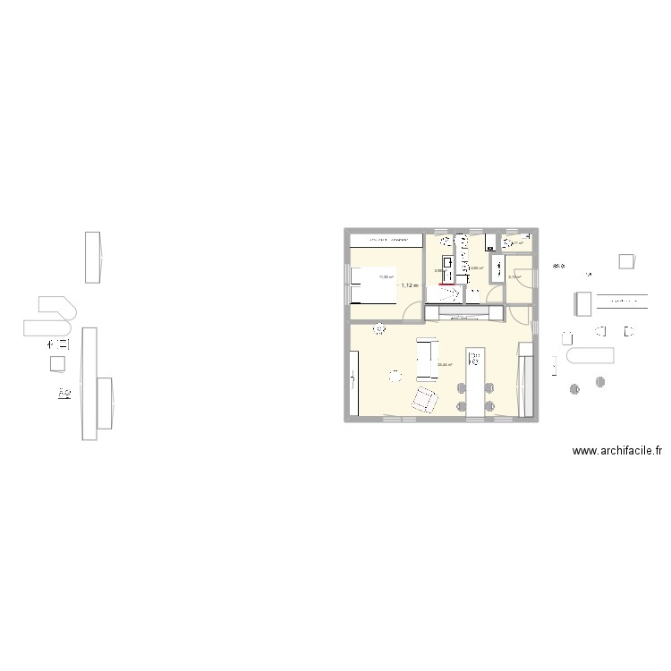 petite maison retraite. Plan de 6 pièces et 59 m2