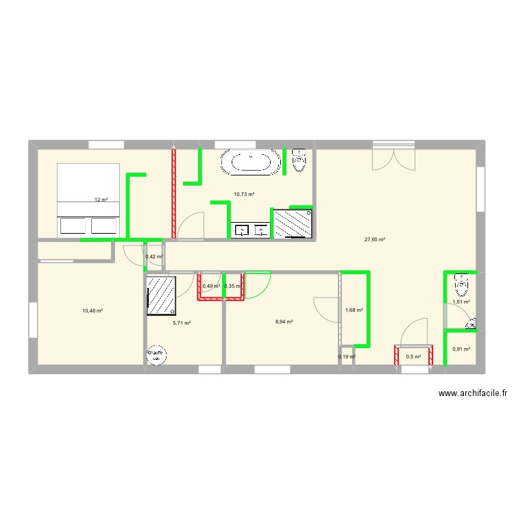 Bouis modif placo 1 avec aménagement. Plan de 14 pièces et 82 m2