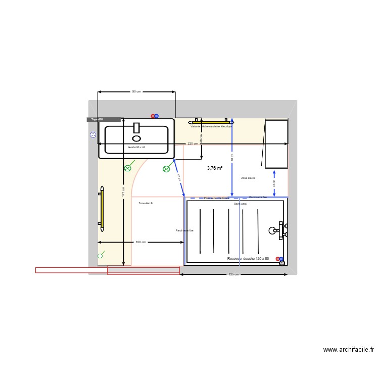 SDB Rossan_V120x80 à droite Coulissant. Plan de 1 pièce et 4 m2