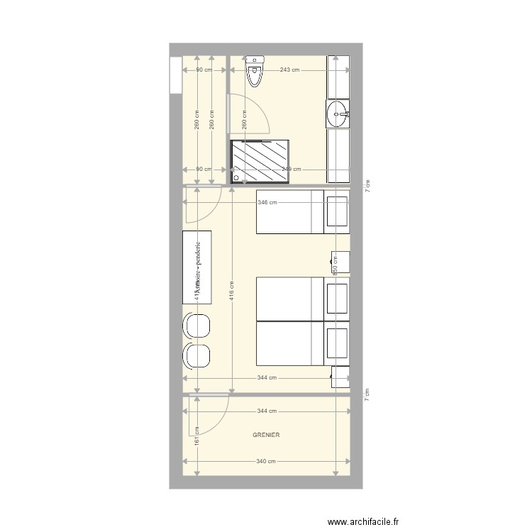 chambre étage V4. Plan de 2 pièces et 28 m2