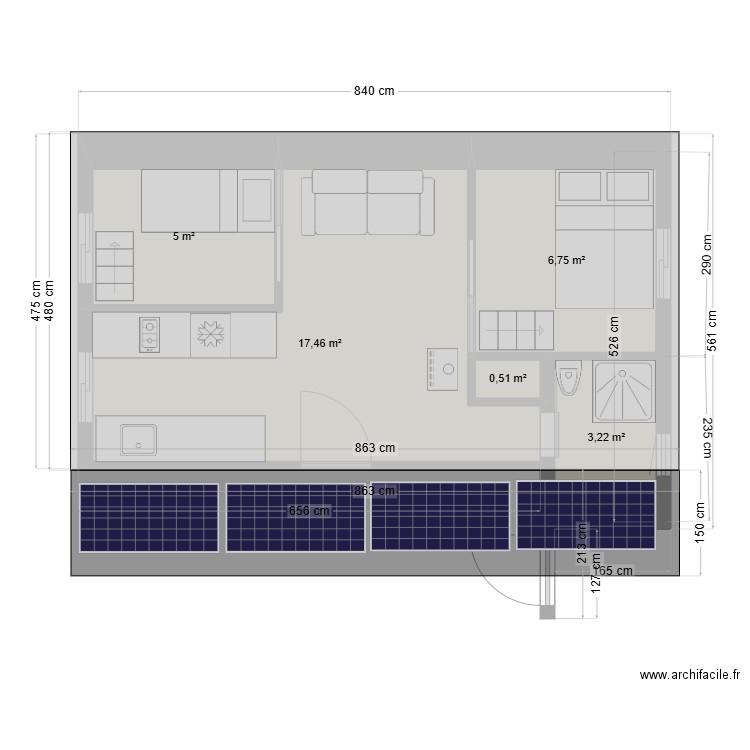 Earthship V3. Plan de 5 pièces et 33 m2