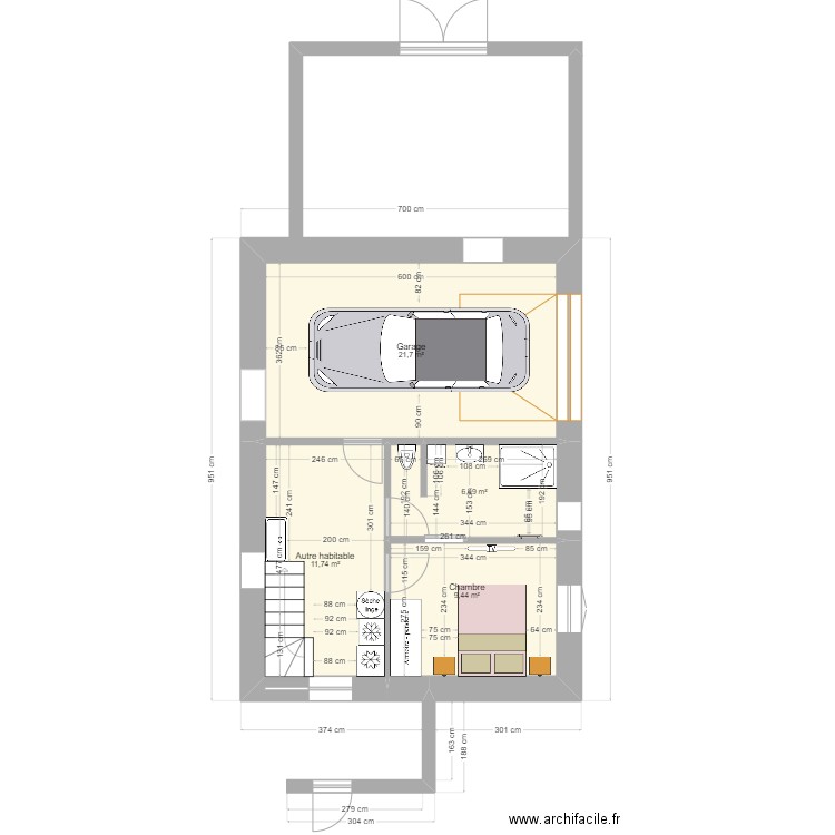 extension. Plan de 4 pièces et 49 m2