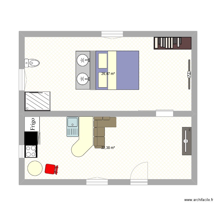 Tpvc. Plan de 2 pièces et 49 m2