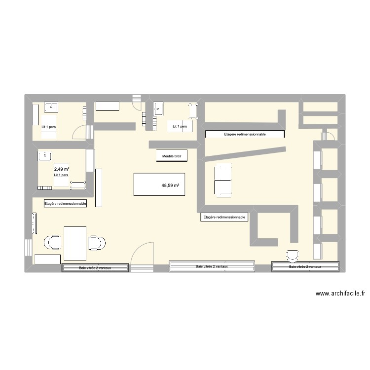 institut de beauté . Plan de 6 pièces et 58 m2