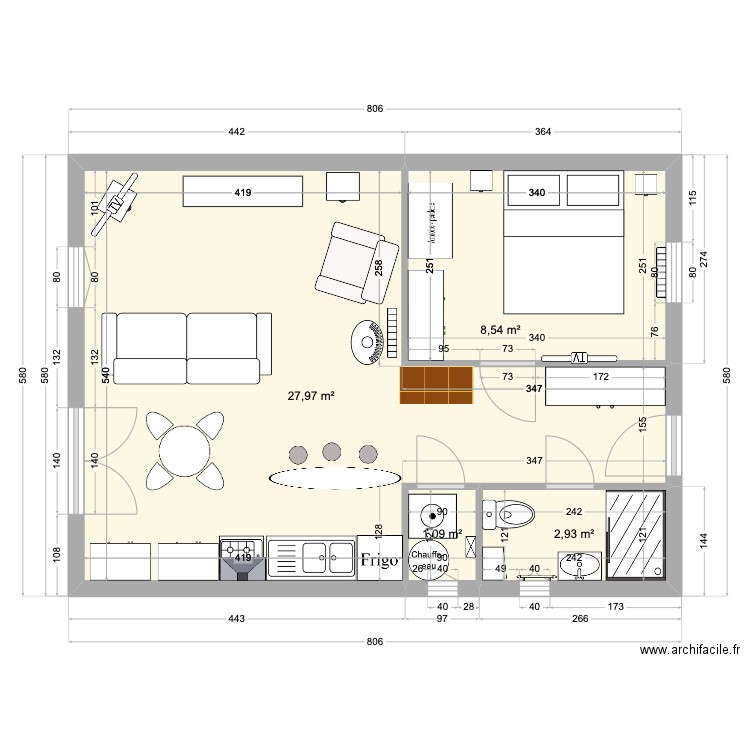 Plan vide 1. Plan de 4 pièces et 41 m2