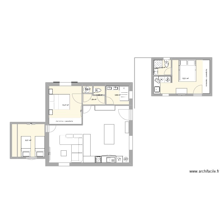 maison + studio 2. Plan de 8 pièces et 42 m2