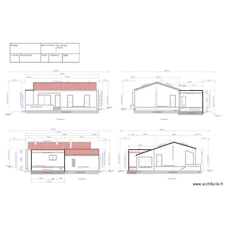 façades projetées avec coupe extension. Plan de 23 pièces et 29 m2