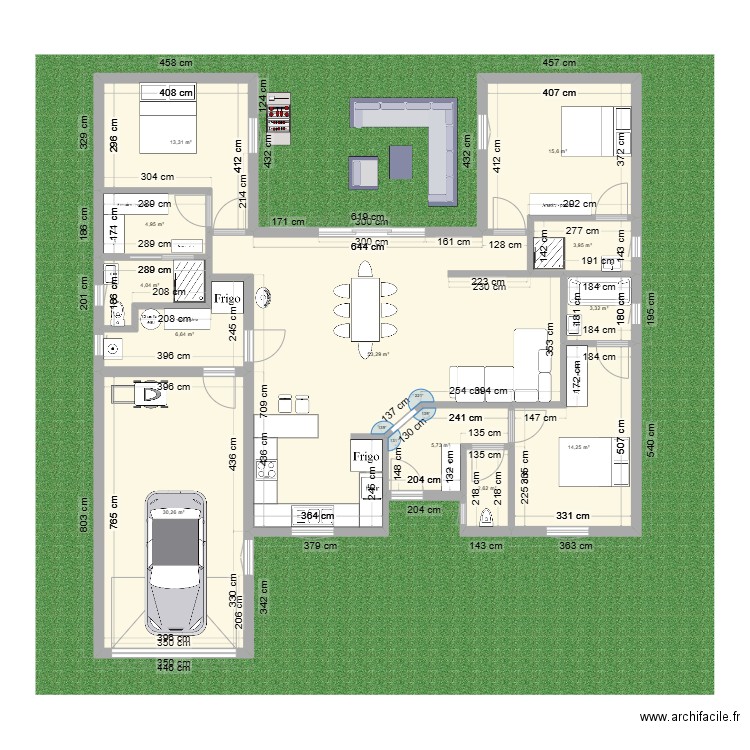 1: 128m2 avec 3 chambres+ 30 m2 garage . Plan de 12 pièces et 158 m2